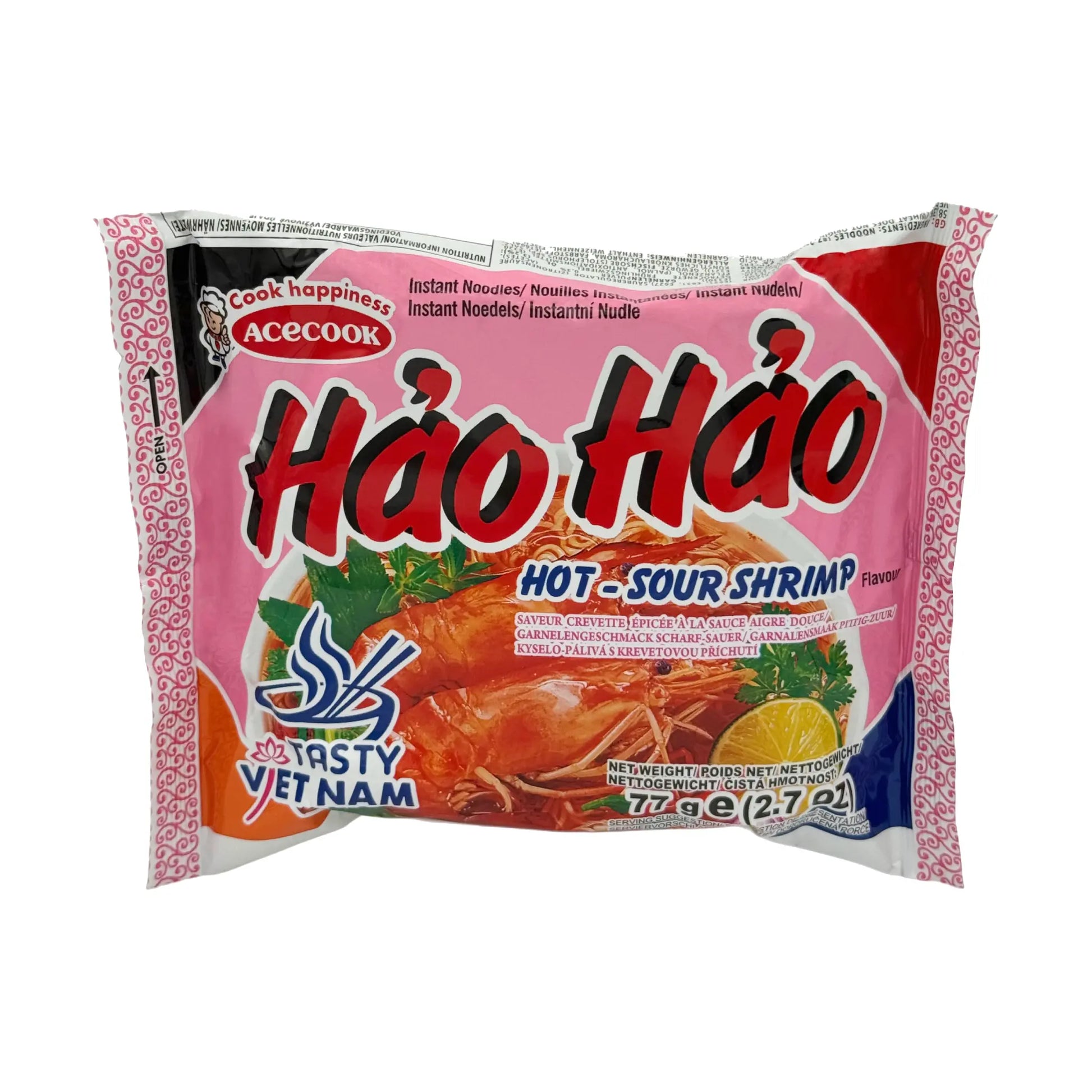 Acecook Hao Hao Instantnudeln Garnelen Hot & Sour 77 g, Vorderseite